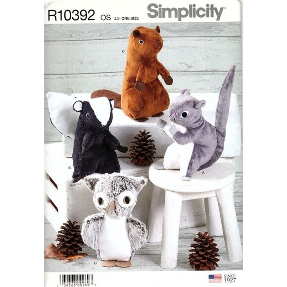 Simplicity R10392 Stuffed Animals Squirrel, Beaver, Skunk, Owl Sewing Pattern - Picture 1 of 2
